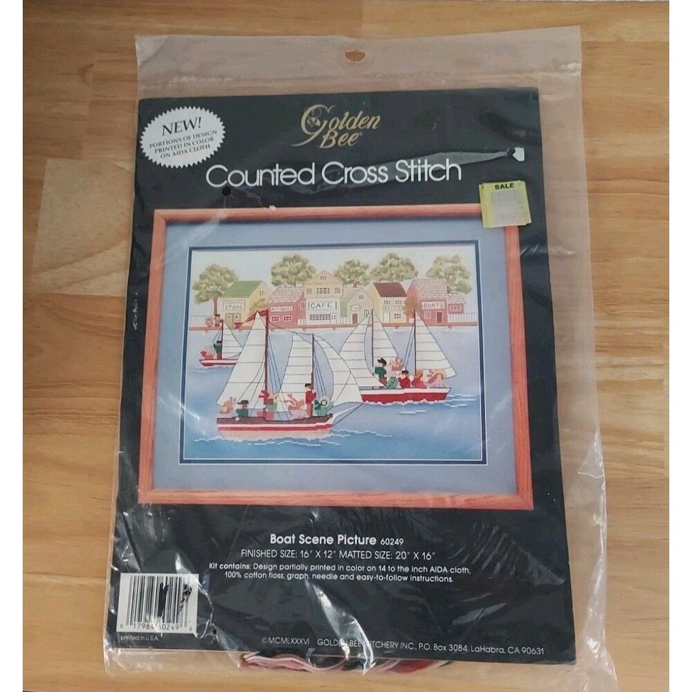 Vintage 1986 Golden Bee Counted Cross Stitch Kit "Boat Scene Picture" 60249 NEW